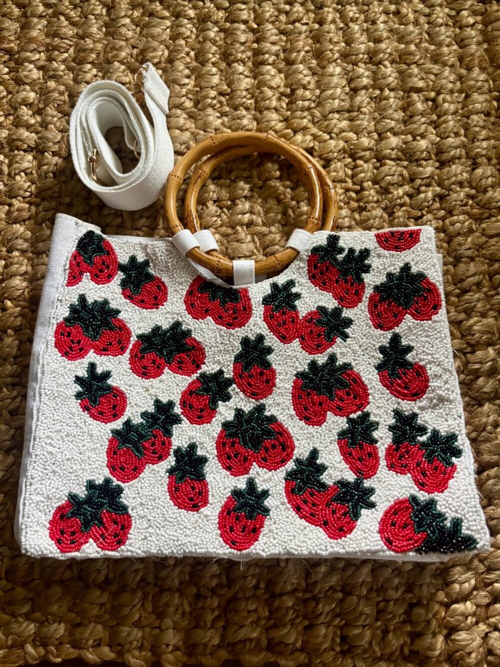 Sol and Mer Strawberry Seed Bead Tote Bag — Bamboo Handles + Crossbody Strap